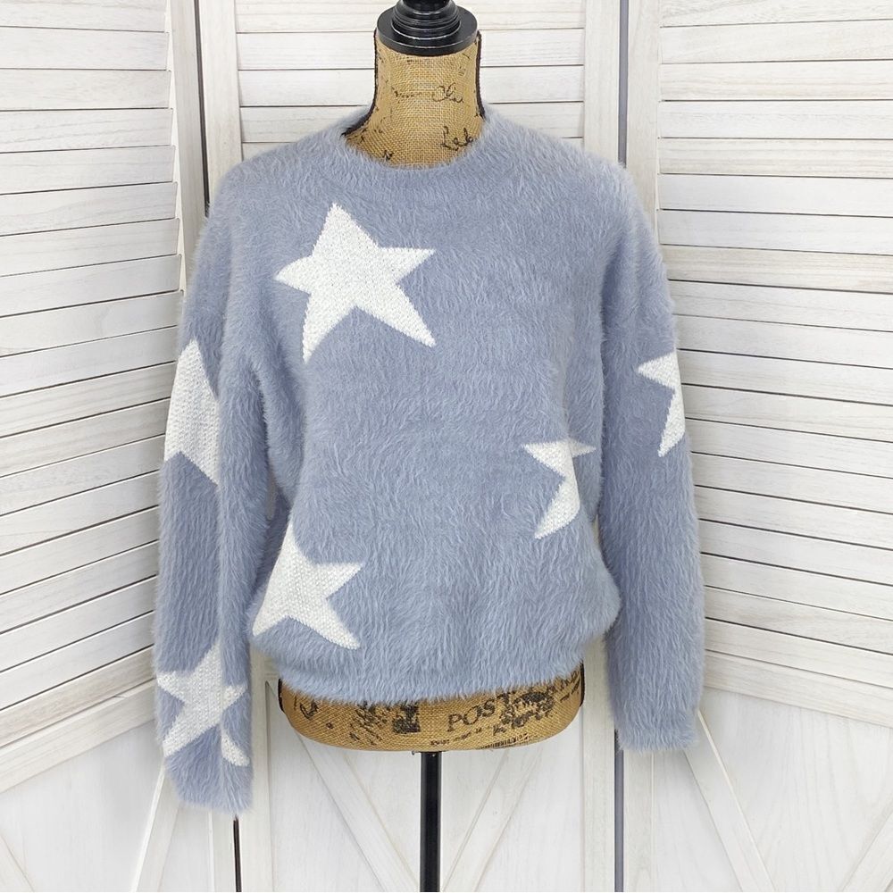 Cliche‎ Stars Fuzzy Crop Pullover Sweater Blue White Medium